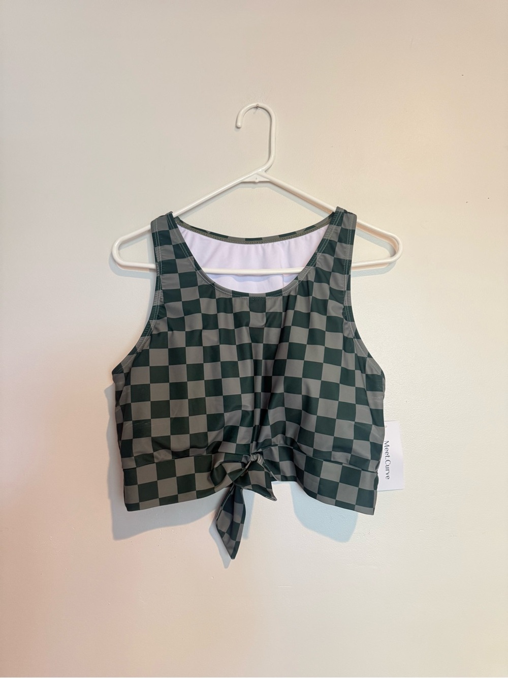 Checker Tie-Front Crop Tank Top - Dark Green